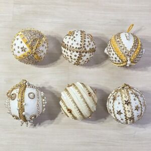 6 Vintage Push Pins & Sequins Gold & White Satin Heavily Decorated Ornaments O5